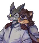 2026 5_fingers alpha_channel anthro big_ears biped black_body black_eyebrows black_fur black_nose blep blue_clothing blue_shirt blue_topwear brown_body brown_fur brown_hair brown_inner_ear canid canine canis cheek_tuft clothing coat digital_drawing_(artwork) digital_media_(artwork) duo eyebrows eyes_closed facial_tuft fingers fur grey_body grey_fur grey_inner_ear hachimakiyaki hair head_tuft hi_res hug hugging_another hugging_from_behind humanoid_hands hybrid janusz lab_coat long_hair love male male/male mammal messy_hair multicolored_body multicolored_fur northern_olingo olingo one_eye_closed pink_nose pink_tongue pla_(alottaplaplapla) pointy_ears prick_ears procyonid pupils romantic romantic_couple round_ears shaded shirt shoulder_grab simple_background slit_pupils smile snout standing tongue tongue_out topwear transparent_background tuft two_tone_body two_tone_fur white_clothing white_coat white_topwear wink wolf wolfdog yellow_eyes yellow_sclera