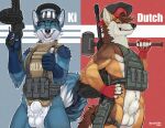 animal_genitalia anthro armor balls canid canine clothed clothing duo escape_from_tarkov fully_sheathed genitals gun hammer hat headgear headwear helmet hi_res male mammal ranged_weapon richard_foley sheath skimpy sledgehammer tools topwear unconvincing_armor vest weapon