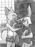 2019 3:4 anthro bedroom_eyes black_nose bluedouble bodily_fluids bottomwear canid canine clothed clothing disney duo fan_character fox fur greyscale happy hare hi_res inner_ear_fluff lagomorph leporid looking_at_another male mammal monochrome narrowed_eyes naughty_face nervous open_mouth open_smile outside predator/prey pseudofox seductive shorts smile standing sweat topwear tuft zootopia