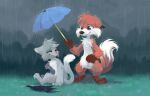2014 anthro black_nose blush broken_umbrella canid canine darmp detailed_background digital_media_(artwork) digital_painting_(artwork) digitigrade domestic_cat duo ears_down eyes_closed featureless_crotch feet felid feline felis female fox fur grass green_eyes grey_body grey_fur handpaw head_tuft hindpaw holding_object holding_umbrella male mammal nude orange_body orange_fur outside painting_(artwork) pawpads paws pink_blush pink_nose pink_pawpads pivoted_ears plant raining red_fox shaded sitting sitting_on_ground smile snout tail true_fox tuft umbrella white_body white_fur