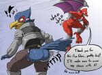 anklet anthro assisted_exposure avian beak bird blue_body blue_feathers bottomwear bracelet butt butt_slap capcom clothed clothing demon demon's_crest dialogue digital_media_(artwork) duo embarrassed empty_eyes english_text exclamation_point exposed_butt falco_lombardi falcon falconid fangs feather_hands feathers featureless_crotch firebrand gargoyle gargoyle's_quest ghosts_'n_goblins hi_res humanoid_pointy_ears jacket jewelry looking_at_butt looking_at_own_butt looking_back looking_back_at_self looking_down looking_down_at_butt looking_down_at_self macro710 male membrane_(anatomy) membranous_wings nintendo nude open_mouth pants pointy_ears rear_view red_arremer red_body slap slapping_own_butt slapping_self smile sound_effects speech_bubble star_fox tail tail_feathers teeth text thatweirdguy topwear torn_clothing wings