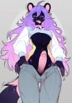 ahoge anthro balls bell bell_collar black_clothing black_fingerless_gloves black_gloves black_handwear bodily_fluids bottomwear breasts claws clothed clothing collar colored crop_top digital_drawing_(artwork) digital_media_(artwork) ear_piercing ear_ring erection fingerless_gloves frenum_piercing fur genital_fluids genital_piercing genitals gloves gold_(metal) gold_ear_piercing gold_ear_ring gold_piercing grey_background gynomorph hair hair_between_eyes handwear hi_res humanoid_genitalia humanoid_hands humanoid_penis hyena intersex lgag006k043_(artist) long_hair long_sleeves low-angle_view mammal medium_breasts multicolored_body multicolored_fur multicolored_hair navel navel_piercing nicole_(lgag006k043) no_underwear open_bottomwear open_clothing open_pants pants penis penis_piercing piercing pink_collar pink_tongue precum ring_piercing shaded shirt simple_background skinny skinny_gynomorph small_waist solo tail teeth tongue tongue_out topwear under_boob unzipped unzipped_pants wearing_collar zipper