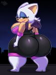 2022 anthro armwear bat bat_wings bedroom_eyes big_breasts big_butt black_bodysuit black_clothing black_nose black_skinsuit black_tail black_wings blue_eyeshadow bodysuit breasts building butt chipchell clothing colored digital_media_(artwork) elbow_gloves eyelashes eyeshadow female footwear gloves hair handwear hi_res high_heels huge_butt lips looking_at_viewer looking_back looking_back_at_viewer makeup mammal membrane_(anatomy) membranous_wings narrowed_eyes night outline outside pink_clothing pink_lips pink_topwear rear_view rouge_the_bat scut_tail seductive sega shaded shoes short_tail skinsuit smile smiling_at_viewer solo sonic_the_hedgehog_(series) tail tan_inner_ear teal_eyes thick_thighs tight_clothing topwear white_armwear white_clothing white_ears white_elbow_gloves white_footwear white_gloves white_hair white_handwear white_high_heels white_outline wings