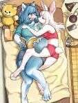 3:4 4_toes 5_fingers anthro anthro_on_anthro bangs barefoot bed bed_sheet bedding bedroom_eyes bedside_table big_breasts black_nose blue_body blue_ears blue_fur blue_hair blue_tail blush blush_lines blushing_at_another blushing_at_partner book bottomwear breasts canid canine canis cellphone claws clothed clothed_anthro clothed_female clothing crop_top cute_fangs digitigrade dipstick_tail duo electronics eye_contact eyebrow_through_hair eyebrows eyelashes fangs feet female female/female female_anthro finger_claws fingers flustered fully_clothed fully_clothed_anthro fully_clothed_female fur furniture furniture_lamp gloves_(marking) grey_bottomwear grey_claws grey_clothing grey_markings grey_shorts grey_tail_tip hair half-closed_eyes head_on_pillow hi_res high-angle_view hindpaw holding_book holding_object hug hugging_another humanoid_hands inside interspecies intimate iris keityo99 kemono lagomorph lamp leg_markings leporid long_hair looking_at_another looking_at_partner lying lying_on_bed mammal markings monotone_body monotone_bottomwear monotone_clothing monotone_crop_top monotone_fur monotone_hair monotone_shirt monotone_shorts monotone_t-shirt monotone_tank_top monotone_topwear multicolored_body multicolored_fur narrowed_eyes on_back on_bed on_side one_fang open_book open_mouth open_smile paws phone pillow pink_blush pink_bottomwear pink_clothing pink_crop_top pink_eyes pink_inner_ear pink_shirt pink_tank_top pink_topwear pink_underwear plushie predator/prey pupils rabbit seductive shaded shirt short_tail shorts shy smartphone smile smiling_at_another smiling_at_partner socks_(marking) t-shirt tail tail_markings tank_top teal_clothing teal_shirt teal_t-shirt teal_topwear teeth toe_claws toes topwear translucent translucent_hair two_tone_body two_tone_fur underwear white_body white_ears white_eyebrows white_feet white_fur white_hair white_hands white_inner_ear white_nose white_pupils white_sclera white_tail wide_eyed wolf yellow_eyes