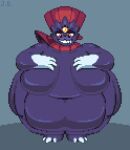 2021 anthro belly belly_overhang big_belly big_breasts big_navel breasts claws digital_media_(artwork) fangs featureless_breasts female forehead_gem front_view full-length_portrait gem generation_4_pokemon grey_background grin hair hand_on_own_breast huge_belly jellybru mammal morbidly_obese morbidly_obese_anthro morbidly_obese_female narrowed_eyes navel nintendo nude obese obese_anthro obese_female overweight overweight_anthro overweight_female pixel_(artwork) pokemon pokemon_(species) pokemorph portrait red_eyes red_hair signature simple_background smile solo standing tail teeth weavile wide_hips