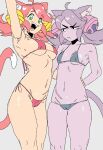 2026 accessory angry animal_ears animal_humanoid bell breasts camel_toe cat_tail clothing deltarune digital_drawing_(artwork) digital_media_(artwork) dipstick_tail dumbwitchyy duo fangs felid felid_humanoid feline feline_humanoid female furrowed_eyebrows green_eyes grey_body grey_clothing grey_hair hair hair_accessory hand_behind_back happy hi_res humanoid inner_ear_fluff irritable_ghost_(deltarune) mad_mew_mew mammal mammal_humanoid markings medium_breasts mew_mew_(undertale) navel open_mouth open_smile pink_(deltarune) pink_clothing pink_hair raised_arm slim_female slim_humanoid small_breasts small_waist smile tail tail_markings teeth trans_(lore) trans_woman_(lore) tuft undertale_(series)