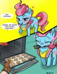 absurd_res appliance apron apron_only blue_body blush clothing cookie english_text equid equine eyelashes female feral food friendship_is_magic hair hasbro hi_res human kitchen_appliance mammal mature_female mrs._cake_(mlp) my_little_pony n-o-n oven pink_hair pupils quadruped smile tail text