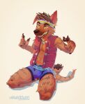 absurd_res accessory anthro biped brown_body brown_fur brown_hair brown_markings bulge canid canine clothed clothing collar detailed_bulge dreamworks fingers floppy_ears forgotten_island fur genital_outline hair headband hi_res hruaddung kneeling lineless male male_anthro mammal markings pawpads paws pecs penis_outline raww_(forgotten_island) simple_background smile solo tail underwear werecanid werecanine werecreature weredog