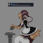 1:1 2022 alien alternative_fashion ambiguous_gender anthro breirb clothed clothing container cup digital_media_(artwork) english_text furniture goth gothic_lolita hi_res j-fashion kettle lolita_(fashion) looking_at_viewer maid_uniform maroon_body meandraco monotone_background pouring_drink pouring_liquid pouring_tea screencap simple_background solo table tea_cup teraurge text uniform worm