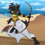1:1 2026 accessory anthro anubian_jackal arm_tuft armlet armor arrow_(weapon) black_body black_fur blue_eyes bow_(weapon) bracers canid canine canis cheek_tuft clothing cloud desert digital_drawing_(artwork) digital_media_(artwork) drawing_bowstring dreadlock_cuffs dreadlocks dress dunes egyptian egyptian_clothing elbow_tuft eyebrows eyeliner facial_tuft feet female fur gold_(metal) gold_armlet gold_armor gold_bracers gold_jewelry hi_res hindpaw inner_ear_fluff jackal jewelry lens_flare makeup mammal paws raised_leg ranged_weapon shoulder_tuft sky solo tail tuft usekh viixenpiixen weapon white_clothing white_dress yellow_eyeliner