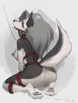 3:4 absurd_res areola ball_gag bdsm black_areola bodily_fluids collar countershade_fur countershading dripping female fur gag genital_fluids genitals hellaverse helluva_boss hi_res leash looking_at_viewer loona_(helluva_boss) nipples pawpads paws rope saliva saliva_drip solo spiked_collar spikes vulva white_body white_fur