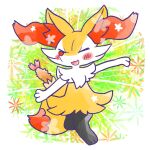 1:1 2024 ambiguous_anthro ambiguous_gender annyui0611 anthro arms_out biped blush blush_stickers braixen canid digital_drawing_(artwork) digital_media_(artwork) digitigrade dipstick_tail eyes_closed food front_view full-length_portrait generation_6_pokemon hi_res japanese_description mammal markings nintendo object_in_tail on_one_leg open_:3 open_mouth open_smile pokemon pokemon_(species) portrait shrimp_(food) simple_background smile snout solo standing tail tail_markings translated_description