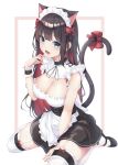  1girl animal_ears apron bangs bare_shoulders between_legs black_dress black_footwear black_hair blue_eyes blush bow breasts cat_ears cat_girl cat_tail cleavage colored_inner_hair dress eyebrows_visible_through_hair fang frilled_apron frills g_home garter_straps hair_bow hand_between_legs hand_up large_breasts long_hair looking_at_viewer lower_teeth maid maid_apron maid_headdress maplestory mole mole_on_breast multicolored_hair open_mouth red_bow red_hair shoes sitting smile solo tail tail_bow thighhighs two-tone_hair waist_apron wariza white_apron white_background white_legwear wrist_cuffs zettai_ryouiki 