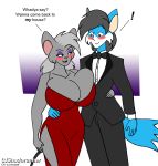  anthro big_breasts black_tie_(suit) blush breasts canid canine cjshadorunner clothing dialogue dress duo eyeshadow fox huge_breasts makeup mammal mouse murid murine rodent suit tiffany_carrell 