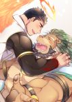  2boys animal_ears arsalan_(tokyo_houkago_summoners) bara bare_chest beard black_bodysuit black_hair blush bodysuit brown_fur cape chest close-up couple face-to-face facial_hair feathers fiery_wings fingernails flying furry green_cape green_hair halo highres imminent_hug lion_boy lion_ears male_focus medium_hair multiple_boys muscle nipples open_hand open_mouth paws sharp_fingernails short_hair stubble tokyo_houkago_summoners yaoi youzora_samo18 zabaniya_(tokyo_houkago_summoners) 