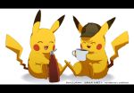  artist_name bottle closed_eyes coffee commentary_request cup detective_pikachu detective_pikachu_(character) fur gen_1_pokemon happy hat holding holding_bottle ketchup_bottle meiji_ken mug no_humans open_mouth pikachu pokemon pokemon_(creature) pokemon_(game) pokemon_swsh repost_notice sitting tongue watermark white_background 