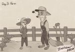  2020 aar0njay anthro barefoot canid canine clothing disney duo ears_down eyes_closed fence fox fur hat headgear headwear inktober judy_hopps lagomorph leporid mammal nick_wilde open_mouth open_smile outside overalls pivoted_ears plant rabbit red_fox smile standing zootopia 