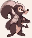  2020 anthro black_nose brown_eyes featureless_crotch full-length_portrait fur hi_res mammal mephitid nude portrait simple_background skunk smile solo standing tohupo 