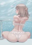  1girl ass back backboob bangs bare_shoulders bikini blush breasts brown_hair cloud cloudy_sky commentary commission danganronpa feet_out_of_frame flipped_hair frilled_bikini frills from_behind hand_in_hair horizon large_breasts looking_at_viewer looking_back nanami_chiaki ocean railing red_eyes short_hair sitting sky solo super_danganronpa_2 swimsuit water white_bikini white_swimsuit zefrableu 