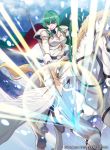  1girl 40hara cape dress fire_emblem fire_emblem:_genealogy_of_the_holy_war fire_emblem_cipher green_cape green_eyes green_hair highres light_rays long_bangs official_art pamela_(fire_emblem) pegasus pegasus_knight polearm short_hair smug spear thighhighs weapon white_armor white_dress 