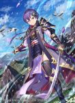  1girl armor armored_boots bell bird boots fire_emblem fire_emblem_cipher japanese_armor katana kousei_horiguchi mountainous_horizon official_art purple_eyes purple_hair short_hair shoulder_armor sky sword thighhighs weapon yuzu_(fire_emblem) 