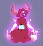  1_eye ambiguous_gender back_boob breasts cape clothing demon digital_media_(artwork) disney duo female gravity_falls hair headgear headwear hi_res horn humanoid kneeling larger_female looking_at_viewer looking_back necktie purple_background purple_body purple_eyes purple_hair purple_skin pyronica rear_view signature simple_background sitting sitting_on_person size_difference slb smaller_ambiguous 