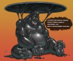  agent_(artist) anthro ape bulge device english_text fangs glistening glistening_body gorilla groping_self haplorhine male mammal mind_control musclegut nipples primate ring rubber simple_background sitting solo text tongue tongue_out transformation 