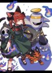  animal_ears bangs black_bow black_footwear black_ribbon blue_fire bow braid cat_ears cat_tail commentary crossover damenaito dress dusknoir duskull extra_ears eyebrows_behind_hair fire frilled_dress frilled_sleeves frills gen_3_pokemon gen_4_pokemon gen_7_pokemon green_dress hair_bow highres hitodama juliet_sleeves kaenbyou_rin leg_ribbon letterboxed long_hair long_sleeves looking_at_another mary_janes multiple_tails nekomata outstretched_arm poke_ball poke_ball_symbol pokemon puffy_sleeves red_eyes red_hair red_neckwear ribbon shoes sleeve_ribbon standing tail torracat touhou trait_connection twin_braids two_tails 
