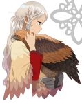  1girl animal bird blonde_hair blue_eyes braid falcon falconry french_braid gloves long_hair mattaku_mousuke original profile single_glove twitter_username upper_body watermark white_background 