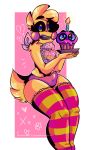  2017 alpha_channel animatronic anthro avian bib bird blonde_hair chicken clothing cupcake_(fnaf) eyebrows eyelashes feathers female five_nights_at_freddy&#039;s five_nights_at_freddy&#039;s_2 galliform gallus_(genus) hair hi_res leggings legwear looking_at_viewer machine panties phasianid pink_cheeks robot smile solo springbellebunnie tail_feathers thick_thighs toy_chica_(fnaf) underwear video_games yellow_body yellow_feathers 