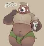  2020 ailurid anthro belly beverage blush bulge clothing coffee english_text hi_res humanoid_hands male mammal minedoo navel overweight overweight_anthro overweight_male red_panda shirt solo text topwear underwear 