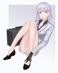  1girl absurdres bare_legs black_footwear breasts business_suit case closed_mouth eyebrows_visible_through_hair formal girls_frontline highres legs looking_at_viewer mechanical_arm medium_hair panties purple_eyes rpk-16_(girls_frontline) salty_eyes shoes silver_hair simple_background sitting_on_floor smile solo suit underwear white_panties white_suit 