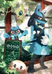  arms_up artist_name celebi closed_mouth commentary_request gen_2_pokemon gen_4_pokemon gen_7_pokemon happy holding looking_at_viewer lucario meiji_ken mythical_pokemon no_humans open_mouth pokemon pokemon_(creature) red_eyes riolu rowlet sign smile tongue watermark 