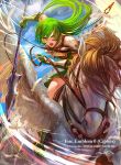  1girl dress egawa_akira erinys_(fire_emblem) fire_emblem fire_emblem:_genealogy_of_the_holy_war fire_emblem_cipher fortress green_dress green_eyes green_hair long_hair official_art open_mouth pegasus pegasus_knight polearm spear thighhighs weapon white_armor 