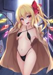  1girl absurdres black_swimsuit blonde_hair bow breasts coat cowboy_shot fang flandre_scarlet hair_bow highres long_hair looking_at_viewer miy@ navel open_mouth pointy_ears red_bow red_eyes side_ponytail small_breasts smile solo standing stomach swimsuit tongue tongue_out touhou wings 