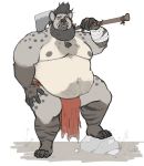  2020 anthro axe beard belly clothing facial_hair facial_piercing fur hi_res hyaenid loincloth male mammal melee_weapon moobs nipples nose_piercing obese obese_anthro obese_male overweight overweight_anthro overweight_male piercing plantigrade septum_piercing simple_background solo weapon weapon_on_shoulder yasano_(artist) 