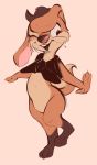  2020 anthro bottomless brown_body brown_fur buckteeth cheek_tuft clothed clothing facial_tuft featureless_crotch fur hi_res lagomorph leg_markings leporid mammal markings mostly_nude open_mouth open_smile rabbit simple_background smile socks_(marking) solo teeth tohupo tuft whiskers 