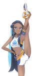  1girl absurdres arm_up armlet belly_chain bike_shorts blue_eyes blue_eyeshadow blush commentary_request dark_skin earrings eyelashes eyeshadow gloves gym_leader hand_on_hip highres hoop_earrings jewelry long_hair looking_at_viewer makeup multicolored_hair navel necklace nessa_(pokemon) otyaduke parted_lips pokemon pokemon_(game) pokemon_swsh sandals simple_background single_glove solo split standing standing_on_one_leg standing_split toes two-tone_hair white_background 