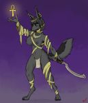  anthro anubian_jackal azzydrawsstuff bandage breasts canid canine canis clothing ear_piercing egyptian exposed_breasts female hi_res jackal jewelry loincloth mammal mummy nipple_piercing nipples piercing simple_background solo undead weapon 