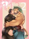  2boys animal_ears arsalan_(tokyo_houkago_summoners) ass bara beard black_bodysuit black_hair blush bodysuit brown_fur bulge bulges_touching cheek_kiss chest_hair closed_eyes clothing_cutout couple facial_hair fingernails furry green_hair halo highres hug kiss lion_boy lion_ears lion_tail male_focus medium_hair multiple_boys muscle sharp_fingernails shirtless short_hair stubble tail thick_thighs thigh_cutout thighs tokyo_houkago_summoners veins yaoi youzora_samo18 zabaniya_(tokyo_houkago_summoners) 