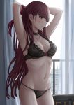  1girl armpits arms_behind_head arms_up bare_arms bare_shoulders black_bra black_choker black_panties bra breasts choker cleavage closed_mouth cowboy_shot girls_frontline groin highres lace-trimmed_bra lace_trim lingerie long_hair looking_away medium_breasts navel panties profile purple_hair red_eyes selcky solo standing stomach string_panties thighs underwear underwear_only very_long_hair wa2000_(girls_frontline) 