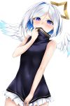  1girl absurdres amane_kanata angel_wings bangs bare_arms bare_shoulders black_dress blue_eyes blue_hair blush colored_inner_hair commentary_request covered_navel covering_mouth cowboy_shot dress dress_tug feathered_wings frilled_dress frills highres hololive looking_at_viewer multicolored_hair open_mouth purple_eyes short_hair silver_hair simple_background sleeveless solo two-tone_hair virtual_youtuber white_background white_wings wings yumemo 