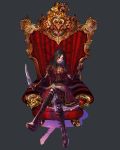  1girl alice:_madness_returns alice_liddell american_mcgee&#039;s_alice black_hair blood boots chair grey_background highres knife long_hair looking_at_viewer petticoat pigeon666 solo striped striped_legwear throne weapon 