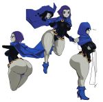  1girl ass blue_footwear breasts cape dc_comics from_behind from_side gem grey_skirt high_heels highres hood huge_ass large_breasts looking_at_viewer looking_to_the_side multiple_views purple_hair raven_(dc) senria short_hair simple_background skirt teen_titans thick_thighs thighs white_background 