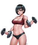  1girl abs ass_visible_through_thighs bangs black_hair black_shorts breasts brown_eyes cleavage clenched_hands commentary dumbbell english_commentary eyelashes eyeliner highres large_breasts light_smile lips looking_at_viewer makeup micro_shorts monster_hunter monster_hunter:_world navel newash nose red_sports_bra short_hair shorts signature skindentation solo sports_bra standing swept_bangs thick_thighs thighs toned weightlifting white_background wristband 