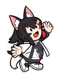  1girl :3 :d animal_ear_fluff animal_ears black_hair chibi hair_ornament hairclip highlights hololive hood hoodie kagelantern long_hair looking_up multicolored_hair ookami_mio open_mouth outline paw_print red_hair shoes smile sneakers solo streaked_hair tail transparent_background virtual_youtuber white_outline wolf_ears wolf_girl wolf_tail 