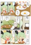  anchovy_(girls_und_panzer) anzai_romi breakfast egg food green_eyes green_hair hair_ribbon highres jinguu_(4839ms) long_hair mother_and_daughter ribbon rice sausage soup table television television_screen tongue tongue_out translation_request 