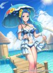  1girl bird blue_eyes blush breasts cleavage cloud dock fiora_(fire_emblem) fire_emblem fire_emblem:_the_blazing_blade fire_emblem_cipher flower frills hair_flower hair_ornament hata_(pixiv4102938) headband light_blue_hair long_bangs midriff official_art rainbow seagull swimsuit umbrella 