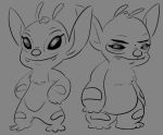  2020 3_toes alien arm_markings artbro before_and_after bonnie_(lilo_and_stitch) chest_tuft cute_fangs digital_drawing_(artwork) digital_media_(artwork) disney experiment_(lilo_and_stitch) eyelashes grey_background greyscale head_tuft leg_markings lilo_and_stitch looking_at_viewer markings monochrome narrowed_eyes overweight simple_background sketch smile solo squint standing tired toes tuft 