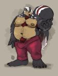  2020 6pklion anthro belly bulge clothed clothing hi_res hybrid male mammal mephitid moobs nipples obese obese_anthro obese_male overweight overweight_anthro overweight_male partially_clothed plantigrade pubes simple_background skunk solo ursid 